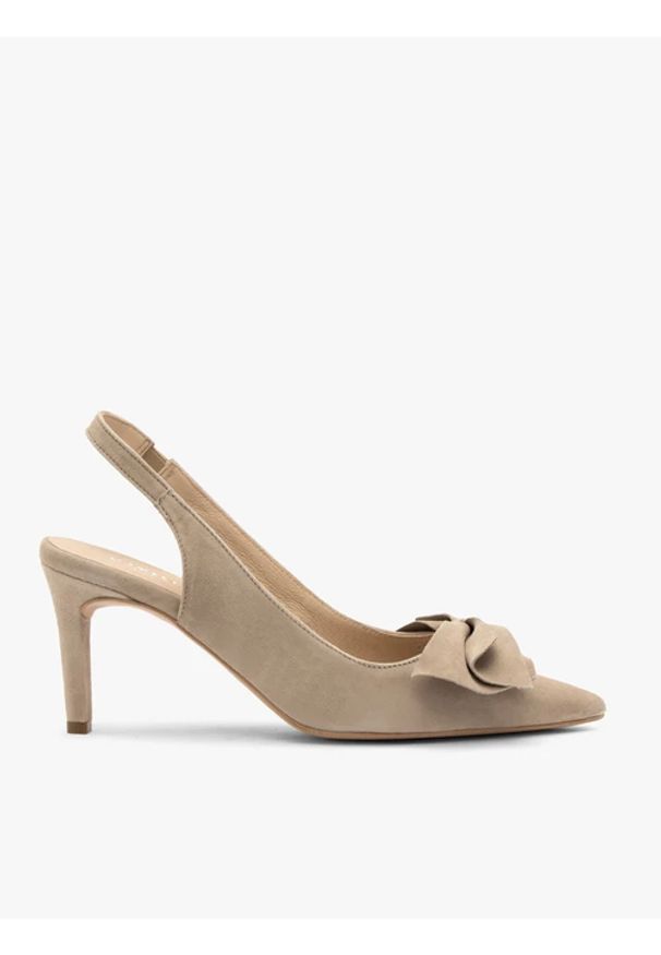 Ryłko - Beżowe czółenka slingback z kokardą. Okazja: do pracy. Zapięcie: bez zapięcia. Kolor: beżowy. Materiał: welur, skóra. Wzór: aplikacja. Obcas: na obcasie. Styl: street, klasyczny. Wysokość obcasa: średni