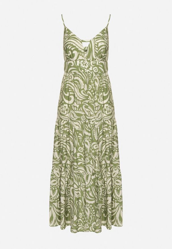 Born2be - Zielona Sukienka z Bawełną i Wiskozą na Cienkich Ramiączkach z Regulacją z Paskiem Dimite. Kolor: zielony. Materiał: wiskoza, bawełna. Długość rękawa: na ramiączkach. Wzór: aplikacja. Styl: klasyczny