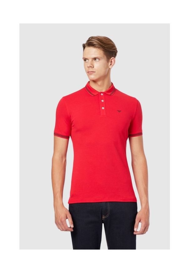 Emporio Armani - EMPORIO ARMANI Męska, czerwona, koszulka polo, Rozmiar S. Typ kołnierza: polo. Kolor: czerwony. Materiał: bawełna, elastan, dzianina. Wzór: nadruk