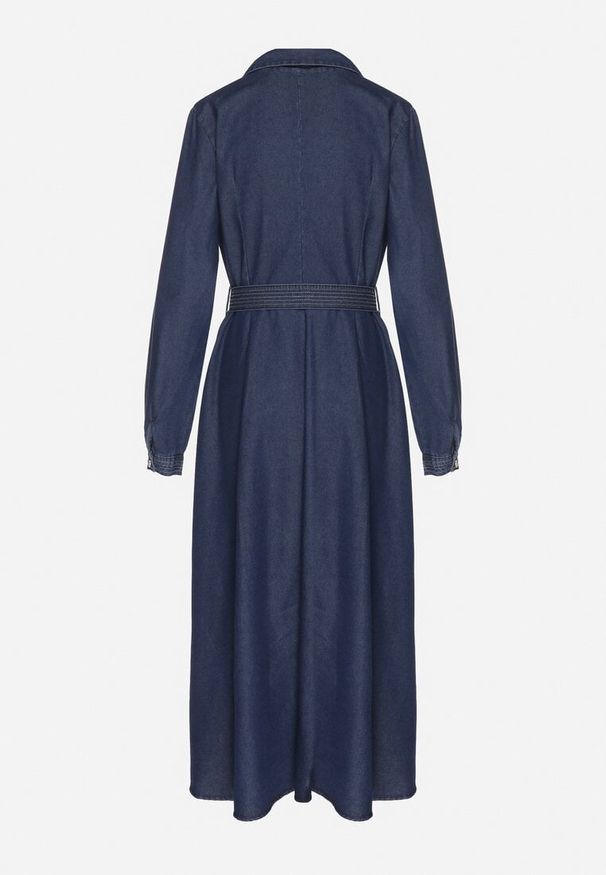 Born2be - Granatowa Koszulowa Sukienka z Wiskozy z Bawełną i Paskiem Halonisea. Okazja: na co dzień. Kolor: niebieski. Materiał: bawełna, wiskoza. Typ sukienki: koszulowe. Styl: casual, elegancki, klasyczny