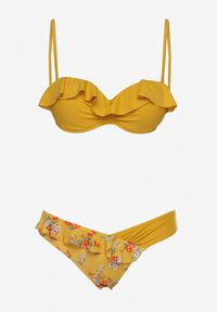 Born2be - Żółte Bikini Wiązany Usztywniany Biustonosz z Regulowanymi Ramiączkami i Majtki Figi Ozdobiony Falbanką Floremarie. Kolor: żółty. Wzór: aplikacja #5