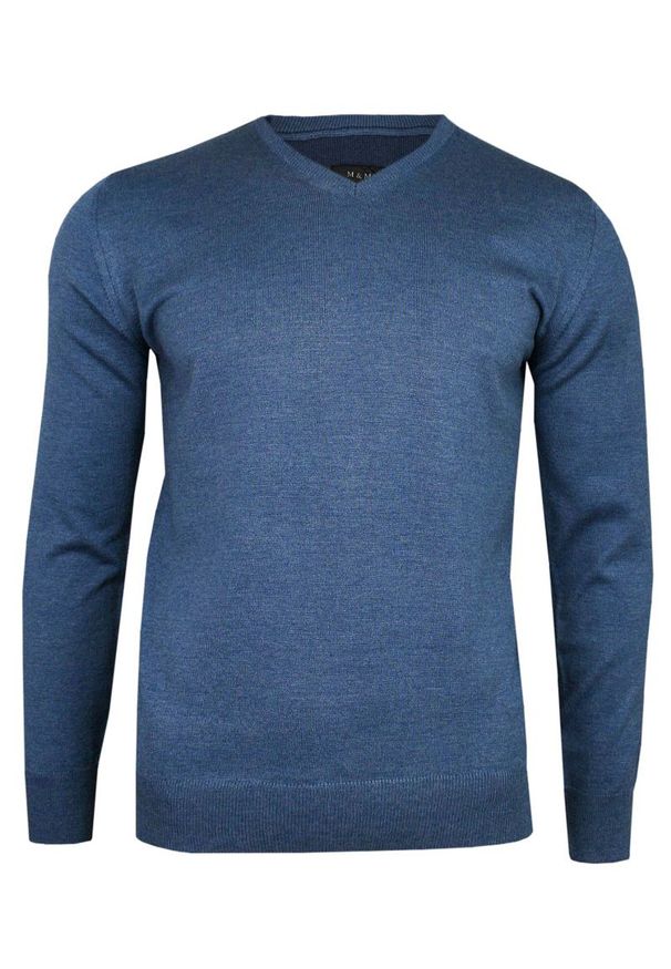 Niebieski sweter MM Classic elegancki, z dekoltem w serek, do pracy