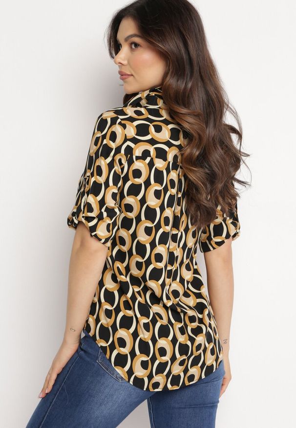 Born2be - Beżowo-Czarna Koszula z Bawełny i Wiskozy z Rękawem 3/4 i Ozdobnym Wzorem Tinari. Kolor: beżowy. Materiał: bawełna, wiskoza. Sezon: wiosna, lato