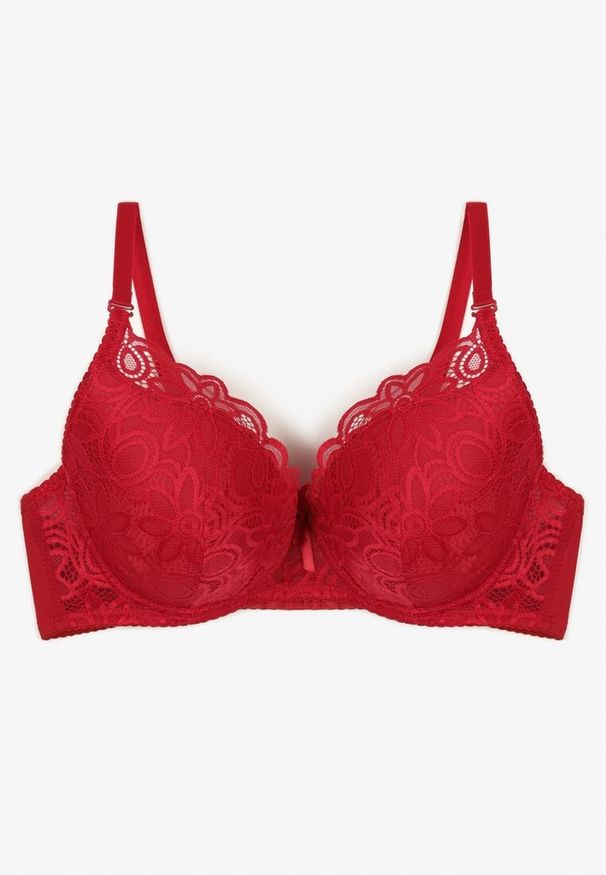 Renee - Bordowy Koronkowy Biustonosz Push Up Nelior. Kolor: czerwony. Materiał: koronka. Rodzaj stanika: push-up. Wzór: koronka