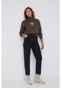 Calvin Klein Jeans Bluza bawełniana damska kolor zielony z nadrukiem. Okazja: na co dzień. Typ kołnierza: golf. Kolor: zielony. Materiał: bawełna. Długość rękawa: długi rękaw. Długość: długie. Wzór: nadruk. Styl: casual #3
