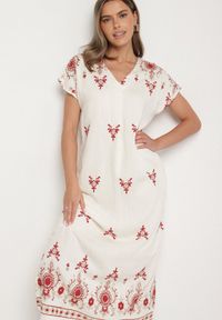 Born2be - Biało-Czerwona Wiskozowa Sukienka Pudełkowa z Ornamentnym Wzorem Melosea. Okazja: na co dzień. Kolor: biały. Materiał: wiskoza. Styl: elegancki, casual #4