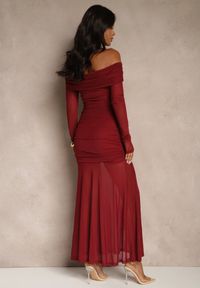 Renee - Bordowa Koktajlowa Sukienka z Prześwitującymi Rękawami i Marszczeniem Haludea. Okazja: na imprezę. Kolor: czerwony. Styl: wizytowy #3