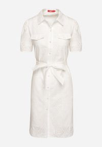 Born2be - Biała Haftowana Sukienka z Bawełny z Paskiem Elearotea. Okazja: na co dzień. Kolor: biały. Materiał: bawełna. Długość rękawa: krótki rękaw. Wzór: haft. Typ sukienki: koszulowe. Styl: casual #5