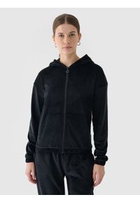 4f - 4F Bluza dresowa z weluru rozpinana z kapturem damska - czarna XS. Okazja: na co dzień. Typ kołnierza: kaptur. Kolor: czarny. Materiał: dresówka, welur. Wzór: gładki, jednolity, ze splotem. Styl: sportowy, casual