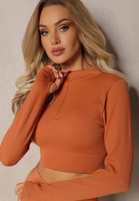 Renee - Pomarańczowa Elastyczna Bluzka na Suwak z Wycięciem przy Ściągaczu Denalla. Okazja: na co dzień. Kolor: pomarańczowy. Styl: casual