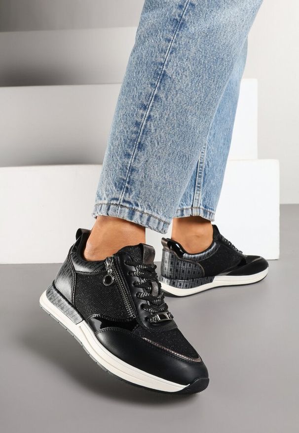 Born2be - Czarne Sneakersy z Ozdobnym Suwakiem i Skórzaną Wkładką Hanviera. Okazja: na co dzień. Kolor: czarny. Materiał: skóra. Wzór: aplikacja. Obcas: na obcasie. Wysokość obcasa: niski