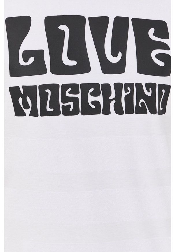 Love Moschino sukienka bawełniana kolor biały mini prosta. Okazja: na co dzień. Kolor: biały. Materiał: bawełna. Długość rękawa: krótki rękaw. Wzór: nadruk. Typ sukienki: proste. Styl: casual. Długość: mini