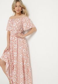 Born2be - Biało-Pomarańczowa Rozkloszowana Sukienka z Bawełną i Abstrakcyjnym Wzorem Ldivoria. Okazja: na spacer, na imprezę. Kolor: biały. Materiał: bawełna. Styl: elegancki #3