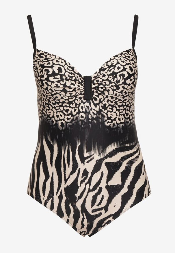 Born2be - Beżowo-Czarny Strój Kąpielowy Jednoczęściowy w Zwierzęce Printy Linoselle. Kolekcja: plus size. Kolor: czarny. Wzór: motyw zwierzęcy