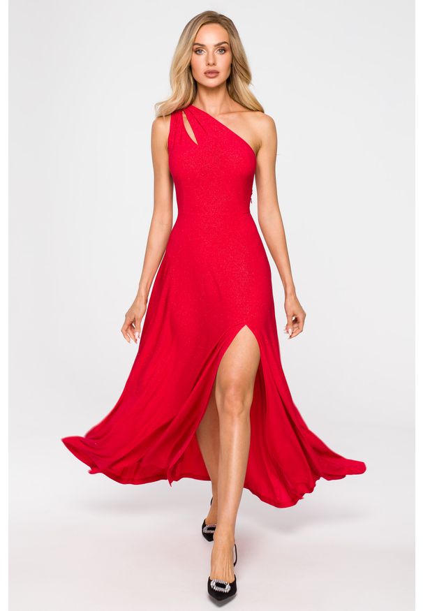 MOE - Wieczorowa Połyskująca Sukienka Maxi - Czerwona. Kolor: czerwony. Materiał: poliester, elastan. Styl: wizytowy. Długość: maxi