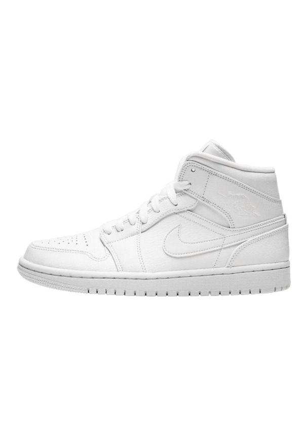 Buty do chodzenia męskie Nike Air Jordan 1 Mid. Wysokość cholewki: za kostkę. Zapięcie: sznurówki. Kolor: biały. Materiał: skóra, syntetyk, tkanina, materiał. Szerokość cholewki: normalna. Sport: turystyka piesza