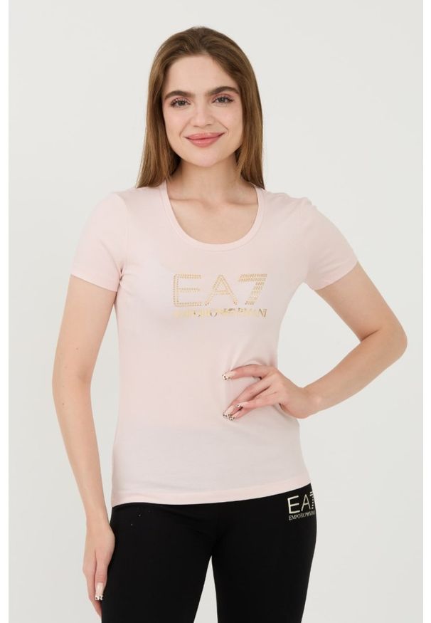 EA7 Emporio Armani - EA7 Różowy damski t-shirt z cyrkoniami, Rozmiar L. Kolor: różowy