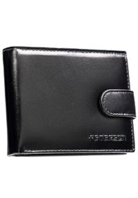 Poziomy, elegancki, czarny portfel męski ze skóry naturalnej zamykany zatrzaskiem - Peterson. Kolor: czarny. Materiał: skóra #1