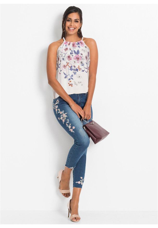 bonprix - Top bez rękawów z lejącej wiskozy. Typ kołnierza: dekolt halter. Kolor: biały. Materiał: wiskoza. Długość rękawa: bez rękawów. Sezon: lato