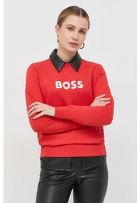 BOSS bluza bawełniana 50468357 damska kolor czerwony z nadrukiem. Kolor: czerwony. Materiał: bawełna. Długość rękawa: długi rękaw. Długość: długie. Wzór: nadruk #1