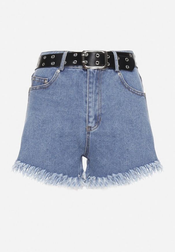 Born2be - Niebieskie Szorty Jeansowe z Modnie Postrzępionymi Nogawkami i Paskiem z Ekoskóry Piorita. Kolor: niebieski. Materiał: jeans. Sezon: lato. Styl: elegancki, rockowy