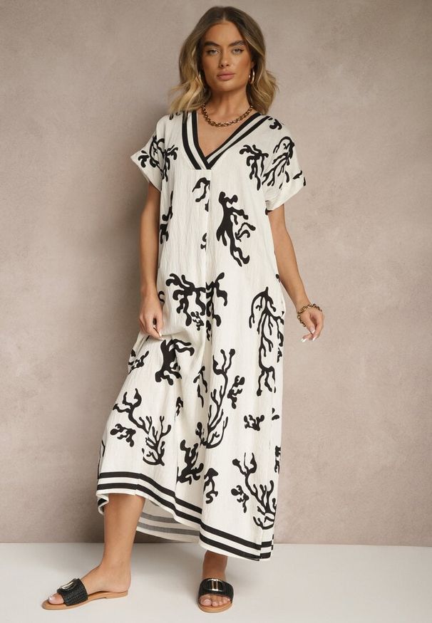 Renee - Czarno-Beżowa Pudełkowa Sukienka z Wiskozą i Lnem Sadeone. Okazja: na co dzień. Kolor: czarny. Materiał: len, wiskoza. Styl: elegancki, casual