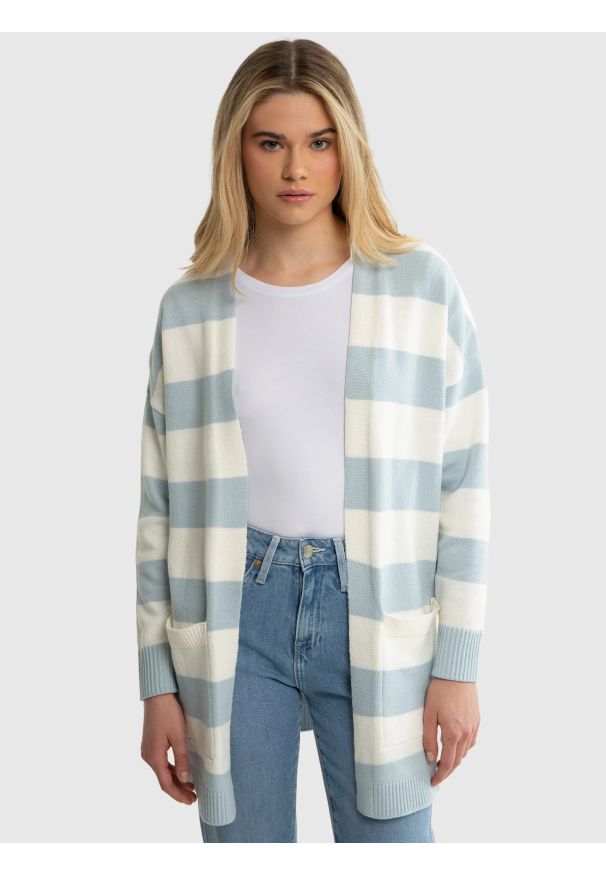Big-Star - Sweter kardigan damski z kieszeniami w niebiesko-białe pasy Marilla 400. Kolor: niebieski. Materiał: materiał. Wzór: paski. Sezon: lato