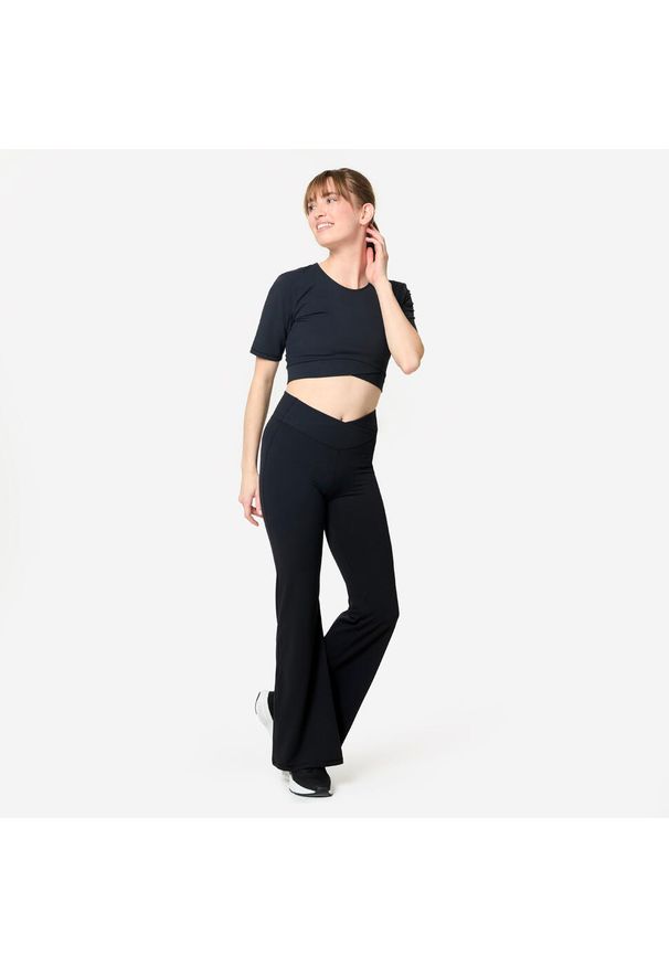 Decathlon - Legginsy fitness damskie Domyos. Kolor: czarny. Materiał: materiał, poliamid, elastan. Sport: fitness