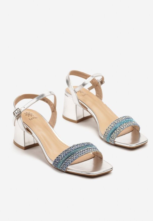 Renee - Srebrno-Niebieskie Sandały na Słupku z Plecionką Clesandra. Okazja: na co dzień. Zapięcie: sprzączka. Kolor: srebrny. Sezon: lato. Obcas: na słupku. Styl: elegancki, casual