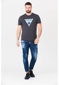 Guess - GUESS Grafitowy t-shirt męski z logo z palmą, Rozmiar M. Kolor: szary. Wzór: nadruk #5