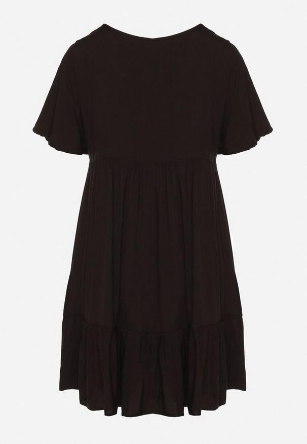 Born2be - Czarna Sukienka z Bawełny o Rozkloszowanym Kroju z Wiązaniem przy Dekolcie Mepilea. Okazja: na co dzień. Kolor: czarny. Materiał: bawełna. Długość rękawa: krótki rękaw. Sezon: wiosna, lato. Typ sukienki: rozkloszowane. Styl: klasyczny, casual, elegancki
