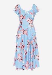 Born2be - Niebieska Sukienka w Kwiaty z Dekoltem Łódką z Bawełną o Rozkloszowanym Kroju Annilva. Okazja: na spacer, na co dzień, na imprezę. Typ kołnierza: dekolt w łódkę. Kolor: niebieski. Materiał: bawełna. Długość rękawa: krótki rękaw. Wzór: kwiaty. Sezon: wiosna, lato. Styl: casual, elegancki, klasyczny #7