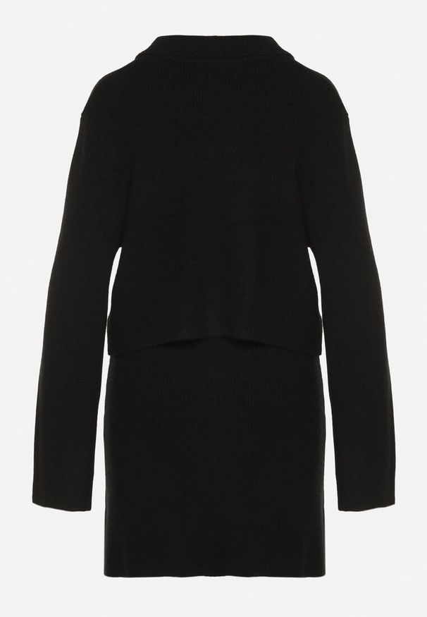 Born2be - Czarny Komplet Dzianinowy z Wiskozą Kardigan na Guziki i Spódnica Ollisala. Kolor: czarny. Materiał: dzianina, wiskoza