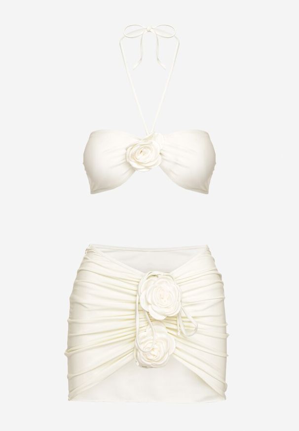 Born2be - Jasnobeżowe Bikini Góra z Paskami na Szyję i Kwiatami 3D z Dodatkową Spódniczką Renzi. Kolor: beżowy. Wzór: kwiaty