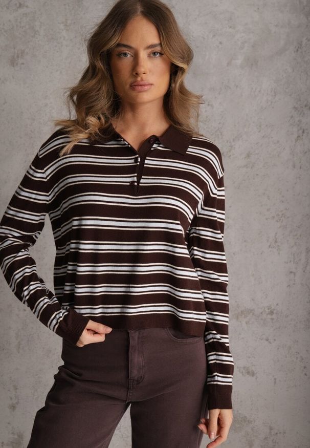 Renee - Brązowy Pasiasty Sweter z Kołnierzem i Guzikami Marlea. Okazja: na randkę. Kolor: brązowy. Materiał: wiskoza, skóra, jeans. Styl: elegancki, klasyczny