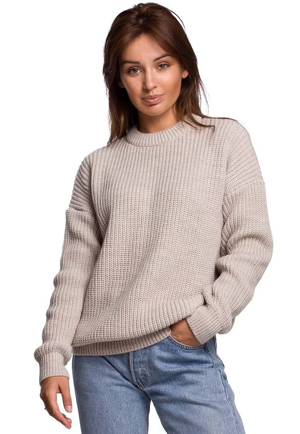 MOE - Sweter Oversize o Przedłużonym Kroju - Beżowy. Kolor: beżowy. Materiał: wełna, poliamid, akryl