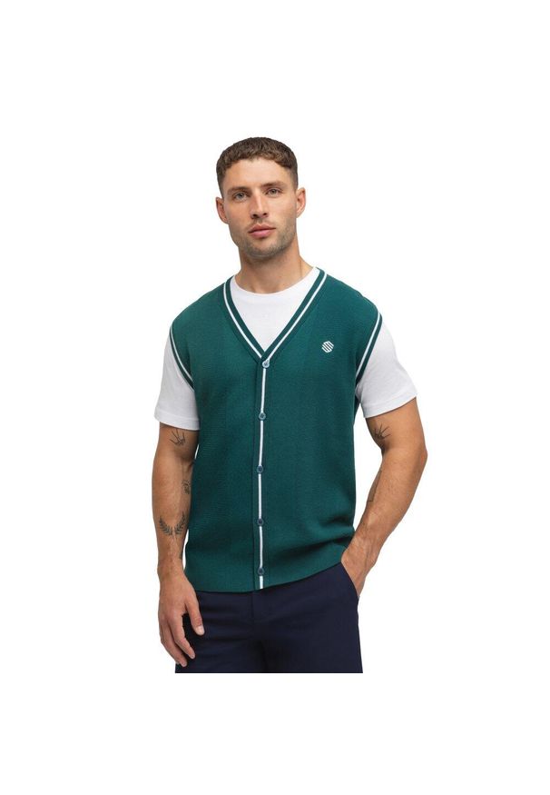 SIROKO - Męska kamizelka golfowa z dzianiny z dekoltem w serek Siroko Carnoustie Teal. Typ kołnierza: dekolt w serek. Kolor: zielony. Materiał: dzianina. Sport: golf