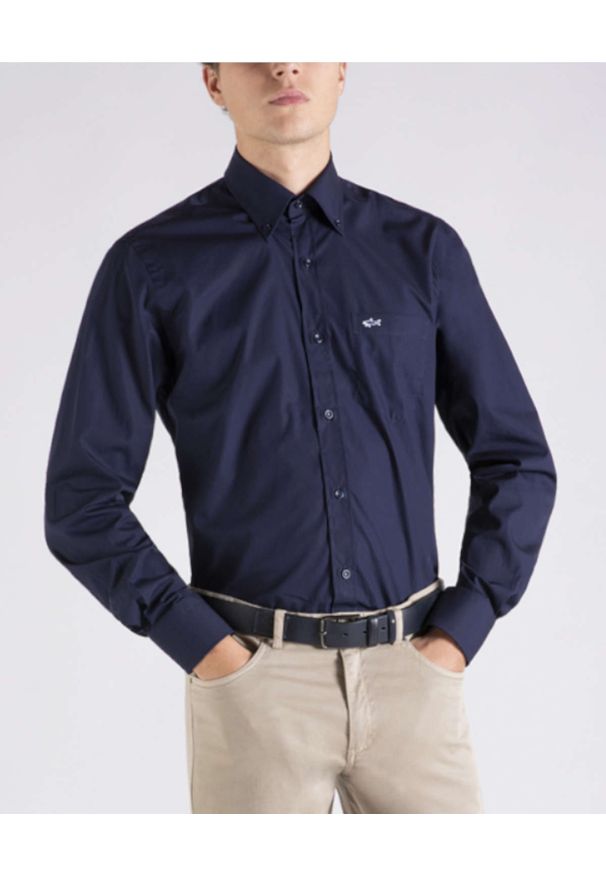 PAUL & SHARK - Granatowa koszula z logo. Typ kołnierza: kołnierzyk koszulowy. Kolor: niebieski. Materiał: bawełna. Długość rękawa: długi rękaw. Długość: długie