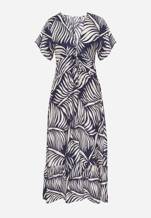 Born2be - Niebieska Sukienka Wiskozowa Rozkloszowana w Liściasty Print Draledia. Typ kołnierza: dekolt w serek. Kolor: niebieski. Materiał: wiskoza. Długość rękawa: krótki rękaw. Wzór: nadruk. Typ sukienki: rozkloszowane