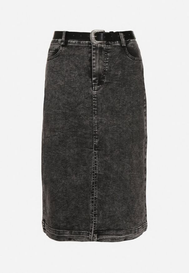 Born2be - Czarna Bawełniana Spódnica Jeansowa o Ołówkowym Fasonie z Rozcięciem i Paskiem Ilovina. Okazja: na co dzień. Kolor: czarny. Materiał: jeans, bawełna. Styl: elegancki, casual
