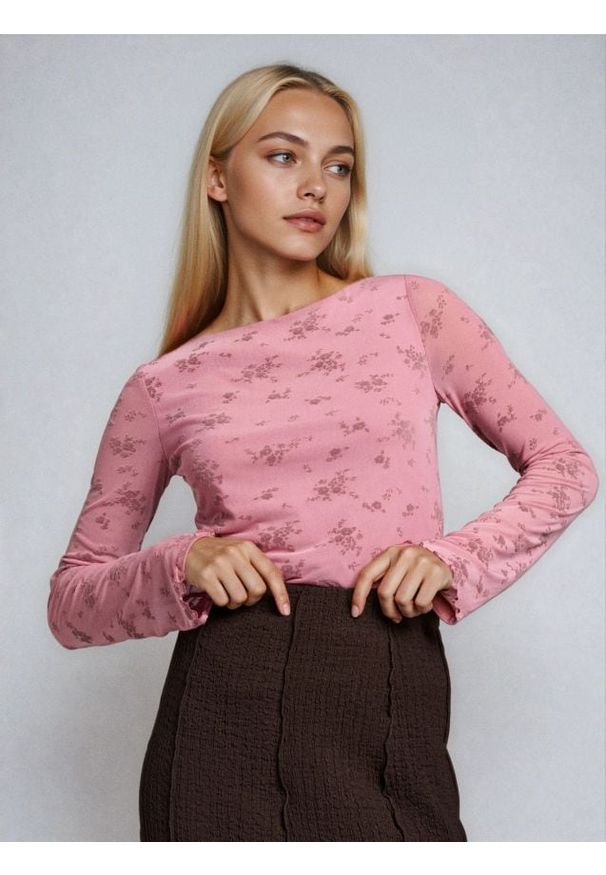 Sinsay - Bluzka ze wzorem z ozdobnymi marszczeniami - różowy. Kolor: różowy