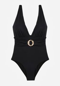 Renee - Czarny Strój Kąpielowy Jednoczęściowy z Metaliczną Aplikacją i Marszczeniem Kylrahne. Kolekcja: plus size. Kolor: czarny. Materiał: len. Wzór: aplikacja #6