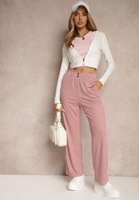 Renee - Różowe Spodnie High Waist o Fasonie Paper Bag z Gumką w Talii Lunalitia. Okazja: na co dzień. Stan: podwyższony. Kolor: różowy. Wzór: aplikacja. Styl: casual, elegancki