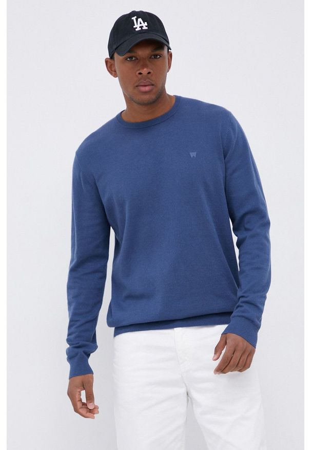 Wrangler - Sweter z domieszką wełny. Kolor: niebieski. Materiał: wełna. Długość rękawa: długi rękaw. Długość: długie