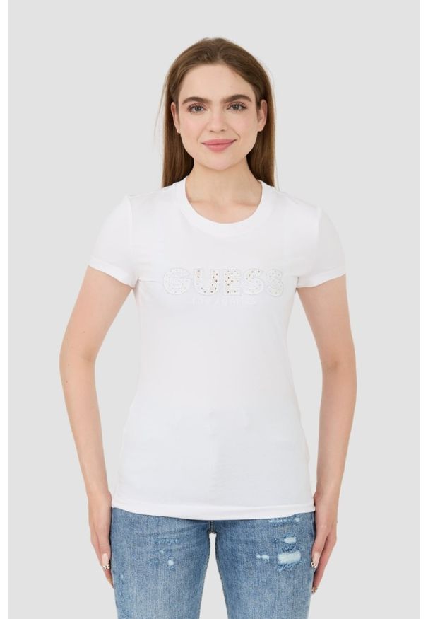 Guess - GUESS Biały damski t-shirt Sangallo Tee, Rozmiar M. Kolor: biały