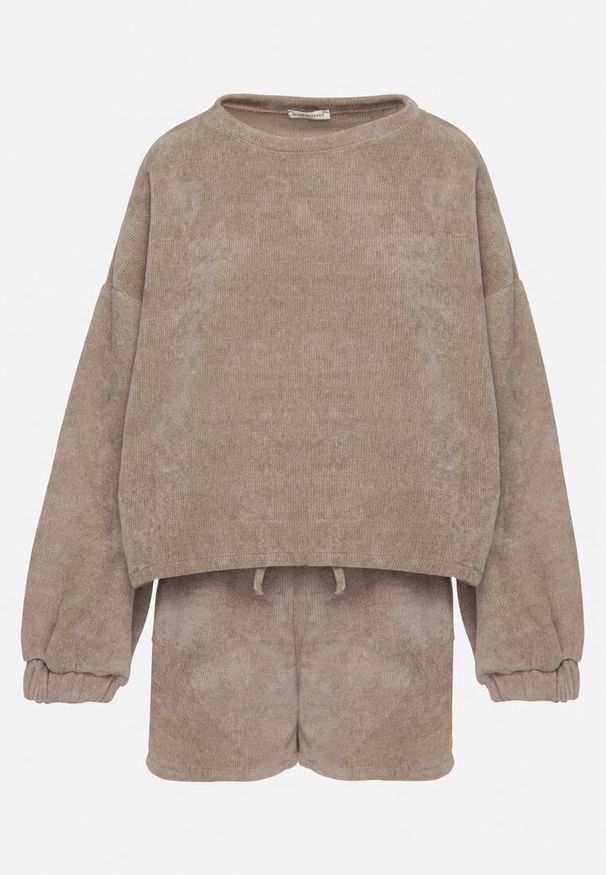 Born2be - Ciemnobeżowy Dzianinowy Komplet Bluza i Szorty Novanisa. Kolor: beżowy. Materiał: dzianina