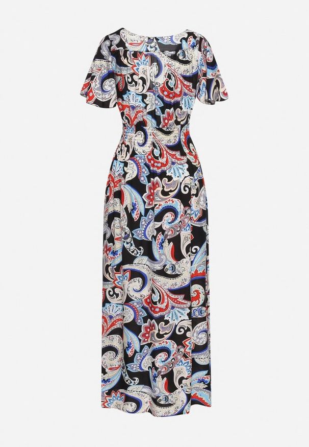 Born2be - Czarna Sukienka Bawełniana Rozkloszowana z Kopertowym Dekoltem we Wzór Paisley Varissa. Typ kołnierza: dekolt w kształcie V. Kolor: czarny. Materiał: bawełna. Długość rękawa: krótki rękaw. Wzór: paisley. Typ sukienki: kopertowe