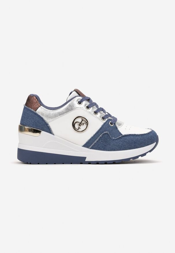Renee - Granatowe Sneakersy Sznurowane Ozdobione Brokatem na Koturnie Eminalla. Kolor: niebieski. Wzór: aplikacja. Obcas: na koturnie