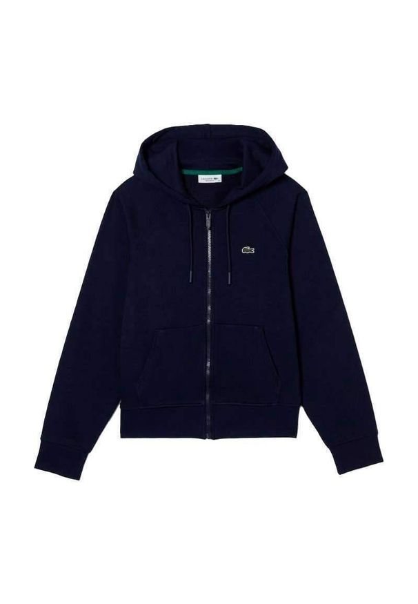 Bluza z kapturem damska Lacoste morska z bawełny organicznej. Typ kołnierza: kaptur. Kolor: niebieski. Materiał: bawełna, poliester. Wzór: haft