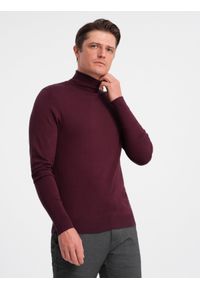 Ombre Clothing - Męski jednokolorowy dzianinowy golf z wiskozą – bordowy V4. Okazja: na co dzień. Typ kołnierza: golf. Kolor: czerwony. Materiał: wiskoza, dzianina. Wzór: gładki, aplikacja, jednolity. Styl: klasyczny, casual